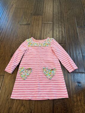 Mini Boden Pink Striped Dress with Floral Heart Pockets